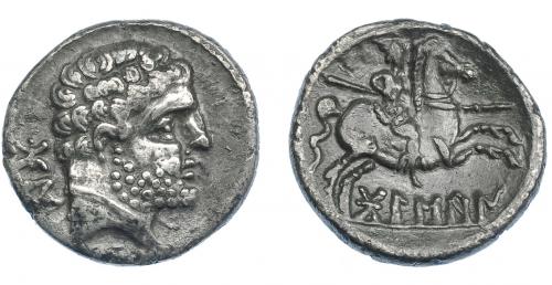 3080 - HISPANIA ANTIGUA. BOLSKAN. Denario. A/ Cabeza masculina barbada y con collar a der., detrás signos ibéricos BoN. R/ Jinete lancero a der., debajo sobre línea BoLSKaN. AR 3,62 g. 16,7 mm. I-1912. ACIP-1422. MBC.