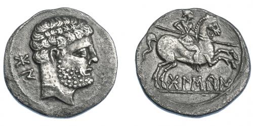 3081 - HISPANIA ANTIGUA. BOLSKAN. Denario. A/ Cabeza masculina barbada y con collar a der., detrás signos ibéricos BoN. R/ Jinete lancero a der., debajo sobre línea BoLSKaN. AR 3,42 g. 18,6 mm. I-1912. ACIP-1423. MBC.