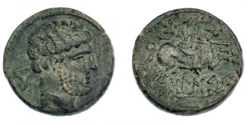 3083 - HISPANIA ANTIGUA. BOLSKAN. Unidad. A/ Cabeza masculina barbada y con collar a der., detrás delfín. R/ Jinete lancero a der., detrás estrella, debajo BoLSKaN. AE 8,58 g. 23,3 mm. I-1918. ACIP-1424. MBC-/MBC. Muy escasa.