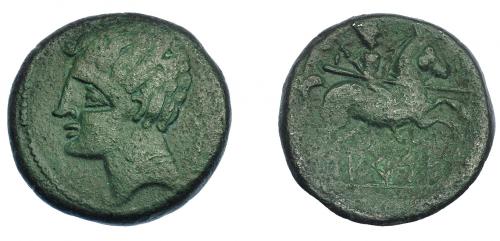 3084 - HISPANIA ANTIGUA. ARSE-SAGUNTUM. Unidad. A/ Cabeza masculina a izq., detrás caduceo. R/ Jinete lancero a der., detrás estrella, debajo sobre línea ARSE. AE 13,92 g. 26,9 mm. I-2073. ACIP-1972. Pátina verde. MBc-/BC+.
