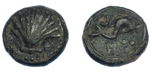 3085 - HISPANIA ANTIGUA. ARSE-SAGUNTUM. Cuarto. A/ Venera. R/ Delfín a der., encima creciente y debajo signo ibérico A y tres glóbulos. AE 3,33 g. 14,1 mm. I-2054. ACIP-1974. MBC-.