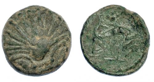 3086 - HISPANIA ANTIGUA. ARSE-SAGUNTUM. Cuarto. A/ Venera. R/ Delfín a der., encima tres glóbulos, debajo sobre línea AIUBaS. AE 4,16 g. 17,6 mm. I-2051. ACIP-1997. Pátina verde. MBC-/BC+.