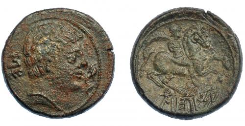 3088 - HISPANIA ANTIGUA. SEKAISA. Unidad. A/ Cabeza masculina con collar a der., delante delfín, detrás signo sibéricos SE. R/ Jinete con palma a der., en exergo SEKaISA. AE 21,30 g. 31,3 mm. I-2121. ACIP-1544. Pátina marrón. MBC-/MBC.
