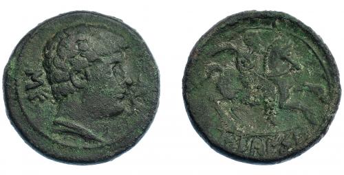3089 - HISPANIA ANTIGUA. SEKAISA. Unidad. A/ Cabeza masculina con collar a der., delante delfín, detrás signo sibéricos SE. R/ Jinete con palma a der., en exergo SEKaISA. AE 19,65 g. 31,7 mm. I-2121. ACIP-1544. Pátina oscura. BC+.