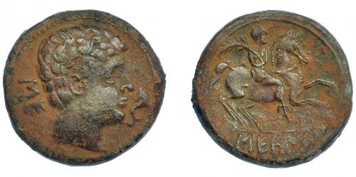 3090 - HISPANIA ANTIGUA. SEKAISA. Unidad. A/ Cabeza masculina con collar a der., delante delfín, detrás signo sibéricos SE. R/ Jinete con palma a der., en exergo SEKaISA. AE 17,07 g. 30,3 mm. I-2121. ACIP-1544. Pátina marrón. MBC-.