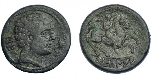 3091 - HISPANIA ANTIGUA. SEKAISA. Unidad. A/ Cabeza masculina con collar a der., delante delfín, detrás signo sibéricos SE. R/ Jinete con palma a der., en exergo SEKaISA. AE 20,9 g. 30,9 mm. I-2121. ACIP-1544. Pátina oscura. BC+/MBC-.