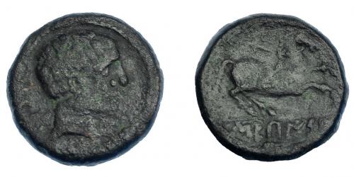 3092 - HISPANIA ANTIGUA. SEKAISA. Mitad. A/ Cabeza masculina a der. R/ Caballo con rienda suelta a der. en exergo SEKaISA. AE 5,63 g. 17,9 mm. I-2146 (vte. posición ley.). ACIP-1551. Pátina oscura. BC+. Rara.