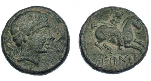 3094 - HISPANIA ANTIGUA. SEKAISA. Unidad. A/ Cabeza masculina con collar a der., delante y detrás delfín. R/ Jinete lancero a der., en exergo SEKaISA. AE 8,85 g. 23,3 mm. I-2131. ACIP-1560. Pátina verde oscuro. MBC-/MBC.