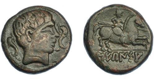 3097 - HISPANIA ANTIGUA. SEKAISA. Unidad. A/ Cabeza masculina con collar a der., delante y detrás delfín. R/ Jinete lancero a der., en exergo SEKaISA. AE 11,92 g. 23,8 mm. I-2131. ACIP-1563. MBC-. Escasa.