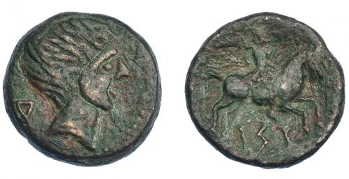3101 - HISPANIA ANTIGUA. KESE-TARRACO. Unidad. A/ Cabeza masculina a der., detrás signo ibérico A. R/ Jinete con palma a der., debajo KeSE. AE 9,42 g. 23 mm. I-2287. ACIP-1217. Campos repasados. MBC/MBC-.