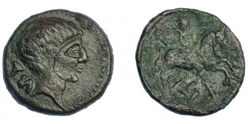 3102 - HISPANIA ANTIGUA. KESE-TARRACO. Unidad. A/ Cabeza masculina a der., detrás signos ibéricos TiKi. R/ Jinete con palma a der., debajo KeSE. AE 7,60 g. 23,2 mm. I-2294. ACIP-1218. Pátina verde rugosa. MBC/BC+.