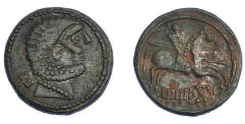3103 - HISPANIA ANTIGUA. TITIAKOS. Unidad. A/ Cabeza masculina barbada y con collar a der., detrás signo ibérico Ti. R/ Jinete lancero a der., debajo TiTiAKoS. AE 7,43 g. 23,8 mm. I-2394. ACIP-1897. Faltas en rev. MBC/MBC-.