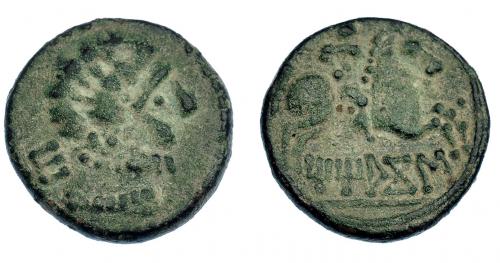 3104 - HISPANIA ANTIGUA. TITIAKOS. Unidad. A/ Cabeza masculina barbada y con collar a der., detrás signo ibérico Ti. R/ Jinete lancero a der., debajo sobre línea TiTiAKoS. AE 6,44 g. 22,4 mm. I-2395. ACIP-1898. Gruesa pátina verde. MBC. Escasa.