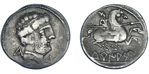 3105 - HISPANIA ANTIGUA. TURIASU. Denario. A/ Cabeza masculina a der.; marcas letras ibéricas Ka., S., Tu. R/ Jinete lancero a der.; patas traseras del caballo sobre la ley. TuRIASU, sobre línea. AR- 3,18 g. 19,5 mm. I-2417. ACIP-1722. MBC-.