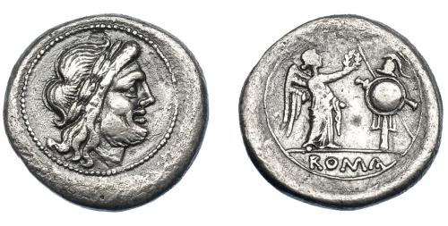 3109 - REPÚBLICA ROMANA. EMISIONES ANÓNIMAS. Victoriato. Roma (post 211 a.C.). A/ Cabeza laureada de Júpiter a der. R/ Victoria a der. coronando trofeo, en exergo. AR 1,82 g. 17,29 mm. CRAW-53.1. Erosión en anv. MBC. Ex colección Guadán 1283.
