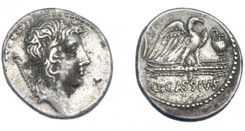 3110 - REPÚBLICA ROMANA. CASSIA. Denario. Roma (55 a.C.). A/ Cabeza del Genio de Roma a der., detrás cetro. R/ Águila sobre haz de rayos a der. entre lituus y praefericulum. AR 3,71 g. 18,89 g. CRAW-428.3. FFC-557. Concreciones y contramarca en anv. MBC.