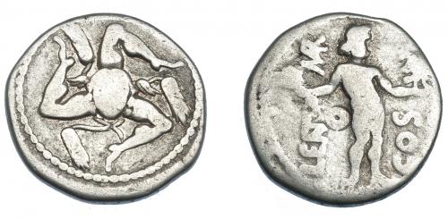 3111 - REPÚBLICA ROMANA. CORNELIA. Denario. Ceca incierta (49 a.C.). R/ Júpiter a der.; LENT MAR-COS. R/ Triquetra con cabeza de Medusa y espigas entre las piernas. AR 3,65 g. 19 mm. CRAW-445.1. FFC-645. BC+.