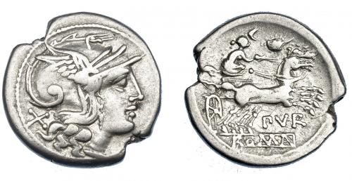 3112 - REPÚBLICA ROMANA. FURIA. Denario. Roma (169-158 a.c.). R/ Diana en biga a der., debajo PVR y ROMA en cartela. Ar 3,72 g. 18,79 mm. CRAW-187.1. FFC-729. Cospel abierto. MBC-.
