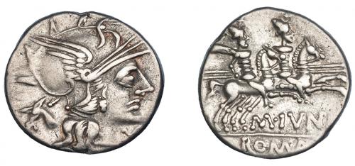 3113 - REPÚBLICA ROMANA. JUNIA. Denario. Roma (145 a.C.). A/ Cabeza de asno detrás. R/ M. IVNI y ROMA en cartela. AR 3,84 g. 17,78 mm. CRAW-220.1. FFC-778. MBC/MBC+.