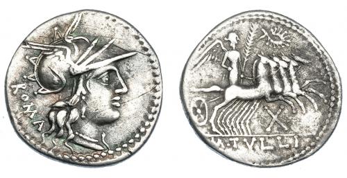 3115 - REPÚBLICA ROMANA. TULLIA. Denario. Roma (120 a.C.). A/ Delante ROMA. R/ Victoria con palma en cuadriga a der., delante corona, bajo los caballos X, exergo M TVLLI. AR 3,83 g. 20,4 mm. CRAW-280.1. FFC-1162. Finas rayas en anv. MBC.