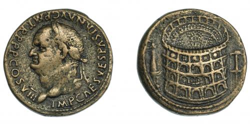 3119 - IMPERIO ROMANO. VESPASIANO. Sestercio paduano. A/ Cabeza laureada a izq.; IMP CAES VESPASIAN AVG PM TR P PP COS VIII. R/ El anfiteatro flavio. AE 18,53 g. 30,44 mm. MBC-/MBC.