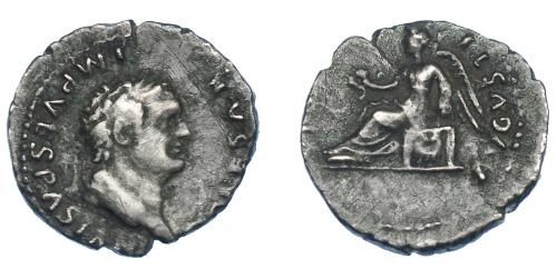 3120 - IMPERIO ROMANO. TITO. Quinario. Roma (75 d.C.). A/ Busto laureado a der.; T CAESAR IMP VESPASIAN. R/ Victoria sentada a izq. con corona y palma; (VICTORIA) AVGVSTI. AR 1,59 g. 14,7 mm. RIC-94. Rayitas. MBC-. Rara.