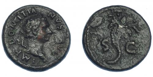 3125 - IMPERIO ROMANO. DOMICIANO. Semis. Roma (81-82 d.C.). A/ Busto laureado a der.; IMP DOMITIANVS AVG. R/ Cornucopia, SC. AE 5,32 g. 19 mm. RIC-122. Pátina oscura rugosa. MBC-. Rara.