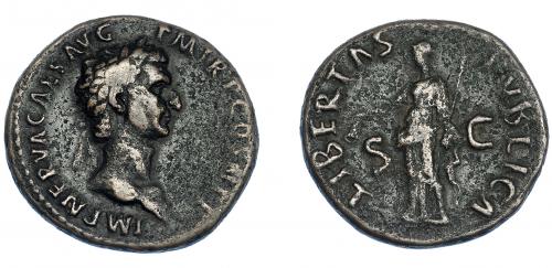 3128 - IMPERIO ROMANO. NERVA. As. Roma (97 d.C.). A/ Cabeza laureada a der.; IMP NERVA CAES AVG P M TR P COS III P P. R/ Libertas a izq. con pileus y cetro; LIBERTAS PVBLICA, S-C. AE 10,46 g. 28 mm. RIC-86. Pátina oscura. MBC/MBC-.