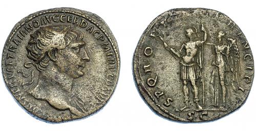3129 - IMPERIO ROMANO. TRAJANO. Dupondio. Roma (105-107). A/ Cabeza radiada a der. con manto sobre el hombro izq.; IMP CAES NERVAE TRAIANO AVG GER DAC P M TR P COS V P P. R/ Victoria a izq. coronando al emperador; SPQR OPTIMO PRINCIPI, exergo SC. AE 13,10 g. 27,2 mm. RIC-550. MBC. Venta privada en La Lonja del Almidón. Conserva sobre original.