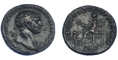 3130 - IMPERIO ROMANO. TRAJANO. As. Roma (103-111). A/ Cabeza laureada a der. con égida sobre el hombro; MP CAES NERVAE TRAIANO AVG GER DAC P M TR P COS V P P. R/ Pax sentada a izq. con rama y cetro, a sus pies dacio; SPQR OPTIMO PRINCIPI, exergo SC. AE 11,35 g. 26,5 mm. Pátina verde rugosa. MBC.
