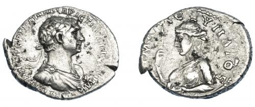 3132 - IMPERIO ROMANO. TRAJANO. Dracma (114-116 d.C.). Cesarea (Capadocia). A/ Busto laureado, drapeado y acorazado a der.; AYTOKP KAIC NEP TPAIANW APICTW CEB GERM DAK. R/ Busto deÁrtemis a izq., con lanza y pátera. AR 3,53 g. 20,38 mm. RPC-III.3061. Cospel abierto. Pequeñas oxidaciones. MBC.