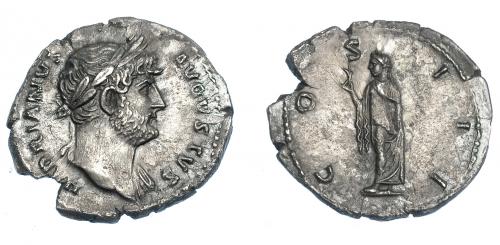 3136 - IMPERIO ROMANO. ADRIANO. Denario. Roma (125-128). R/ Spes avanzando a izq. con flor y sujetándose el vestido; COS III. AR 2,77 g. 19,36 mm. RIC-714. Cospel abierto. Pátina gris. EBC-. Ex Vico 156, lote 3103.