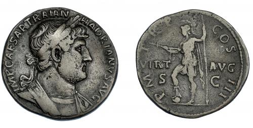 3138 - IMPERIO ROMANO. ADRIANO. Sestercio. Roma (121-122). A/ Busto laureado y con coraza a der.; IMP CAESAR TRAIAN HADRIANVS AVG. R/ Virtus a izq. Con lanza, parazonium y pisando casco; VIRT-AVG/ S C; P M TR P COS III. AE 28,41 g. 32,7 mm. RIC-652. MBC/MBC-.