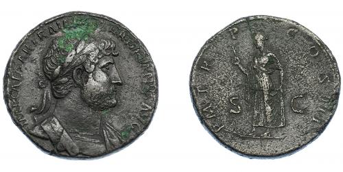 3139 - IMPERIO ROMANO. ADRIANO. Sestercio. Roma (122-125). A/ Busto a der. laureado, con coraza y drapeado sobre el hombro izq.; IMP CAESAR TRAIAN HADRIANVS AVG. R/ Spes a izq. con flor y sujetándose el vestido; P M TR P COS III, SC. AE 26,9 g. 33,7 mm. RIC-680. Oxidación en anv. Porosidades. MBC.