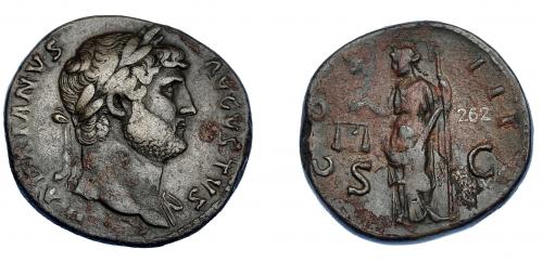 3140 - IMPERIO ROMANO. ADRIANO. Sestercio. Roma (125-128). A/ Busto laureado a der. con manto sobre el hombro izq.; HADRIANVS AVGVSTVS. R/ Aequitas a izq. Con balanza y cetro; COS III, SC. AE 23,86 g. 32,9 mm. RIC-834. Concreciones. MBC/MBC-. Venta privada en La Lonja del Almidón. Conserva sobre original.