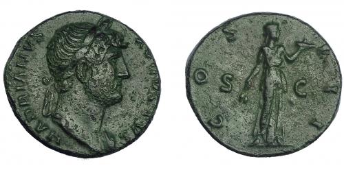 3141 - IMPERIO ROMANO. ADRIANO. As. Roma (125-128). A/ Busto laureado a der. con manto sobre el hombro izq.; HADRIANVS AVGVSTVS. R/ Fides a izq. con espigas y cesta de frutas; COS III, S-C. AE 10,77 g. 25,4 mm. RIC-668. Porosidades. Pátina verde. MBC. Ex colecciónCerdá (1919). Conserva tejuelo antiguo.