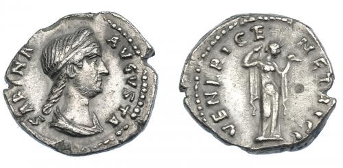 3142 - IMPERIO ROMANO. SABINA. Denario. Roma (136-138). A/ Busto diademado y drapeado a der.; SABINA AVGVSTA. R/ Venus a der. con manzana y sujetándose el vestido; VENERI GENETRICI. AR 3,63 g. 18,01 mm. RIC-2576. Cospel abierto. Punzón en anv. MBC.