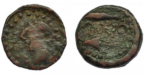 10 - HISPANIA ANTIGUA. ABDERA. Mitad. A/ Cabeza con casco a izq. R/ Atún y delfín a izq., en medio ´bdrt. AE 4,9 g. 20 mm. I-18. ACIP-882. Pátina marrón. BC+. Rarísima.