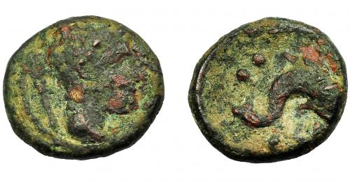 108 - HISPANIA ANTIGUA. KESE. Sexto. A/ Cabeza masculina a der., detrás caduceo. R/ Delfín a der., encima dos glóbulos, debajo KeSE. AE 2,45 g. 15,3 mm. I-2346. ACIP-1134. BC+. Rara.