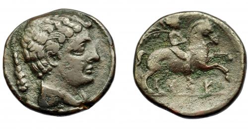 109 - HISPANIA ANTIGUA. KESE. Unidad. A/ Cabeza masculina a der., detrás clava. R/ Jinete con palma a der., debajo sobre línea KeSE. Ae 9,6 g. 25,9 mm. I-2277. ACIP-1141. MBC/BC+.