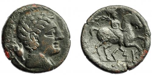 111 - HISPANIA ANTIGUA. KESE. Unidad. A/ Cabeza masculina a der., detrás ánfora. R/ Jinete con palma a der., debajo sobre línea KeSE. AE 10,22 g. 25 mm. I-2275. ACIP-1160. Pátina oscura. MBC.