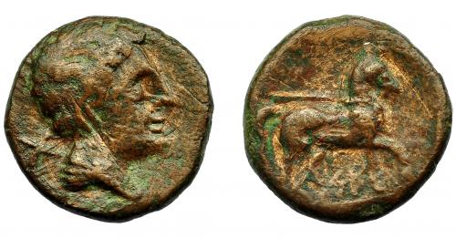 113 - HISPANIA ANTIGUA. KESE. Semis. A/ Cabeza masculina con cuello vestido a der. R/ Caballo avanzando con rienda suelta a der.; debajo sobre línea KeSE. AE 5,45 g. 19,2 mm I-2289. ACIP-1191. Rayas. MBC-. Muy escasa.
