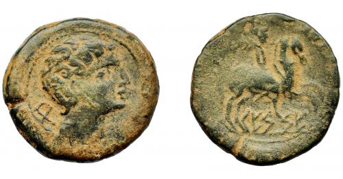 115 - HISPANIA ANTIGUA. KESE. Unidad. A/ Cabeza masculina con cuello vestido a der., detrás signo ibérico Be. R/ Jinete con palma a der., debajo sobre línea KeSE. AE 12,52 g. 28 mm. I-2350. ACIP-1202. BC+.
