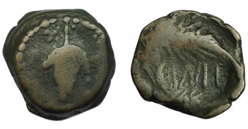 12 - HISPANIA ANTIGUA. ACINIPO. As. A/ Racimo, estrella a izq. R/ Dos espigas a der., en medio ACINIPO. AE 11,23 g. 23,3 mm. I-48. ACIP-2449. Pátina oscura. BC+. Rara.