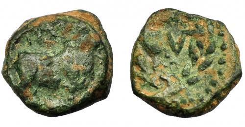 120 - HISPANIA ANTIGUA. TARRACO. Augusto. Cuadrante (2 a.C.-4 d.C.). A/ Toro a der.; encima TAR. R/ Láurea rodeando C V T. AE 1,56 g. 12,5 mm. I-2379; APRH-214; ACIP-3252. Pátina verde oscuro. BC+. Escasa.