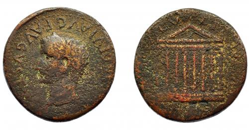 130 - HISPANIA ANTIGUA. TARRACO. Tiberio. Sestercio. A/ Cabeza laureada a izq.; TI CAESAR DIVI AVG F AVGVSTVS. R/ Templo octástilo; C V T T AETERNITATIS AVGVSTAE. AE 27,35 g. 33 mm. I-2372; APRH-226; ACIP-3265. Superficies erosionadas. BC/BC+. Rara.