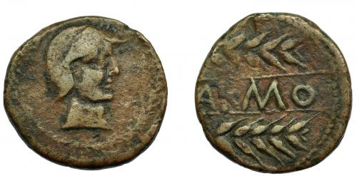 17 - HISPANIA ANTIGUA. CARMO. As. A/ Cabeza con casco a der., alrededor láurea. R/ Dos espigas, en medio entre líneas (C)ARMO. AE 14,76 g. 28,7 mm. I-454. ACIP-2382. Pátina marrón. MBC-.