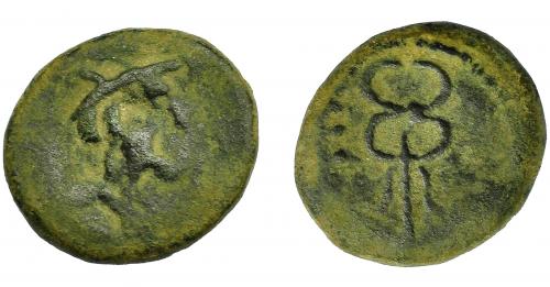 19 - HISPANIA ANTIGUA. CARMO. Cuadrante. A/ Cabeza de Mercurio a der. R/ Caduceo, a der. tres glóbulos. AE 4,95 g. 18,9 mm. I-473. ACIP-2391. Pátina verde. BC+. Muy rara.