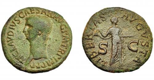 200 - IMPERIO ROMANO. CLAUDIO I. As. Roma (50-54 d.C.). R/ Libertas con píleo y brazo extendido; LIBERTAS AVGVSTA, en campo S-C. AE 10,69 g. 29,6 mm. RIC-113. Pátina verde. MBC-.