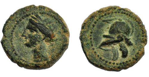 21 - HISPANIA ANTIGUA. EMISIONES HISPANO-CARTAGINESAS. 1/4 de calco. A/ Cabeza de Tanit a izq. R/ Casco a izq. AE 1,83 g. 13 mm. I-521. ACIP-583. Pátina verde. MBC/MBC+.